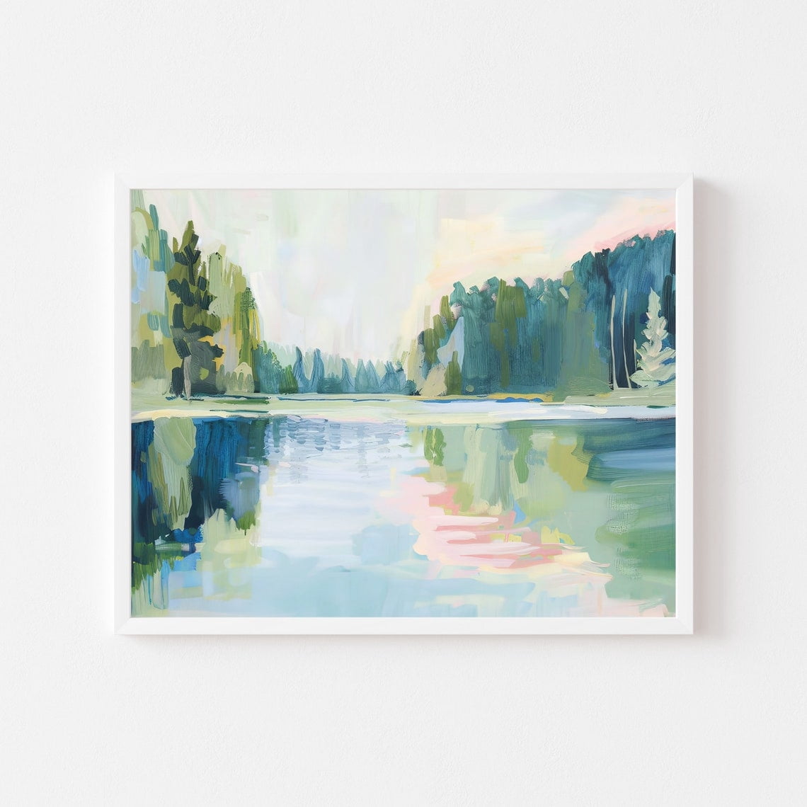 Pastel Mountain Lake Painting Colorful Pink Forest Landscape Wall Art ...