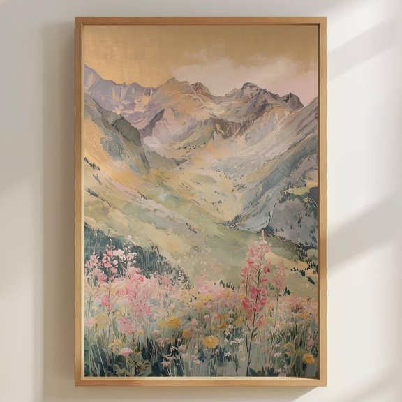 Pastel Mountain Landscape Print, Floral Alpine Meadow Wall Art, Unframed Paper Poster 8x10in
