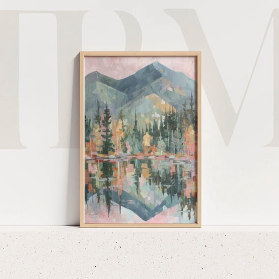 Pastel Mountain Landscape Wall Art Reflection Lake Pine Tree Autumn Forest Abstract Nature Print Rustic Cabin Lodge Decor Artwork Home Decor #526, Stretched Canvas Size 8x12