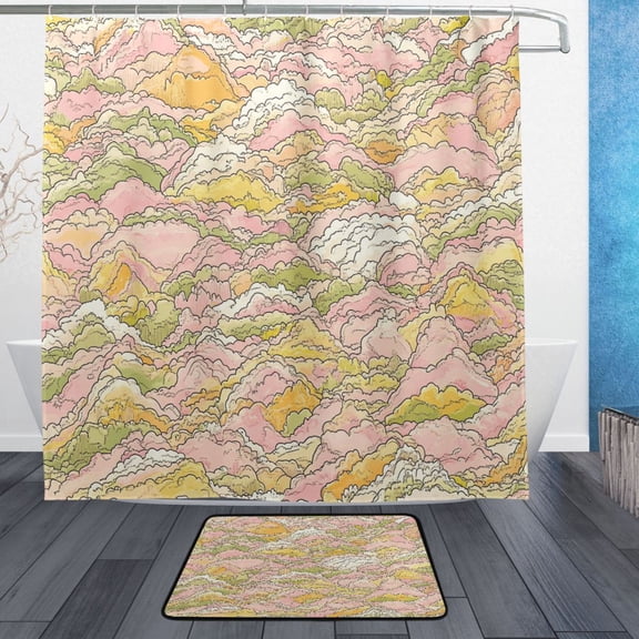Pastel Mountain Range Bathroom Accessory Sets Waterproof Shower Curtain with Anti-Slip Bath Mat Durable Combo