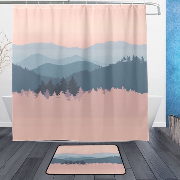 Pastel Mountains Bathroom Accessory Sets Waterproof Shower Curtain with Anti-Slip Bath Mat Durable Combo