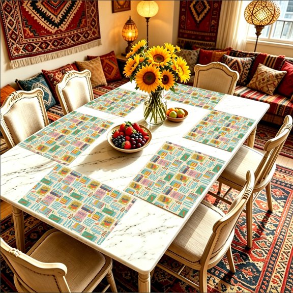 Pastel Multi‑Color Seafood Can Label Allover Printed 2D Flat Print Placemats,12x18 inch,Polyester,Lightweight,Poolside & Cafe Table Decor