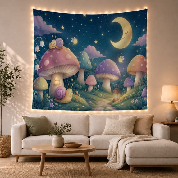 Pastel Mushroom Village with Crescent Moon and Fireflies, Dreamy Cottagecore for Plant Lovers, Whimsical Nature Art, Housewarming Gift, Tapestry Wall Hanging for Bedroom and Living Room