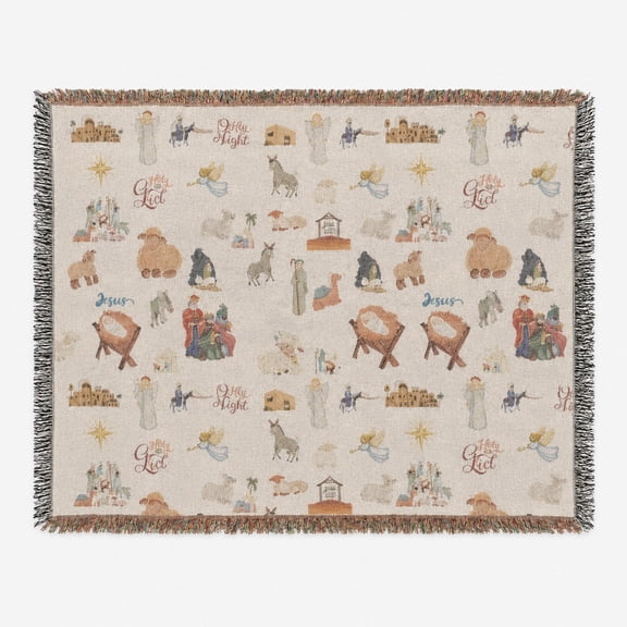 Pastel Nativity Story Woven Throw Blanket, 100% Cotton with Fringed Edges, Home Decor