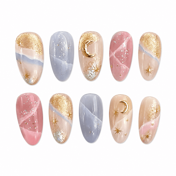 Pastel Nude Cat Eye Press on Nails, Medium Almond Glossy False Nails with Gold Moon Accent, 30 Count