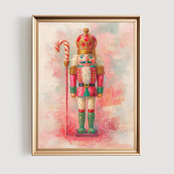 Pastel Nutcracker Christmas Print: Pink & Gold Candy Cane #2362, Unframed Canvas Size 8x12