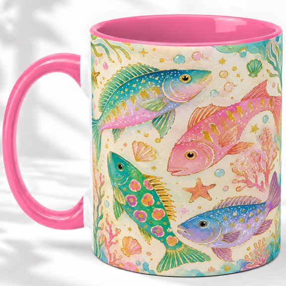 Pastel Ocean Fish Accent Mug, 11oz Ceramic Coffee Cup for Fish Lovers