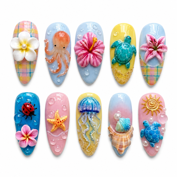 Pastel Ocean Floral Press on Nails, Medium Almond Glossy False Nails with Raised Detail, 10 Count