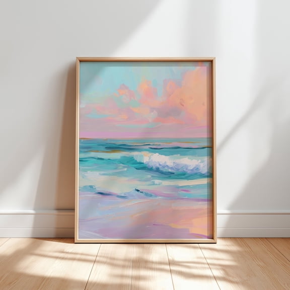 Pastel Ocean Waves Seascape: Pink Coastal Sunset, Stretched Canvas Size 8x12