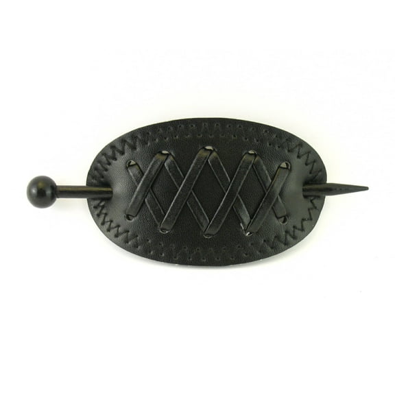 Pastel Oval Faux Leather X Stitched Pattern with Wood Hair Stick Barrette - Black