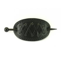 Pastel Oval Faux Leather X Stitched Pattern with Wood Hair Stick Barrette - Black