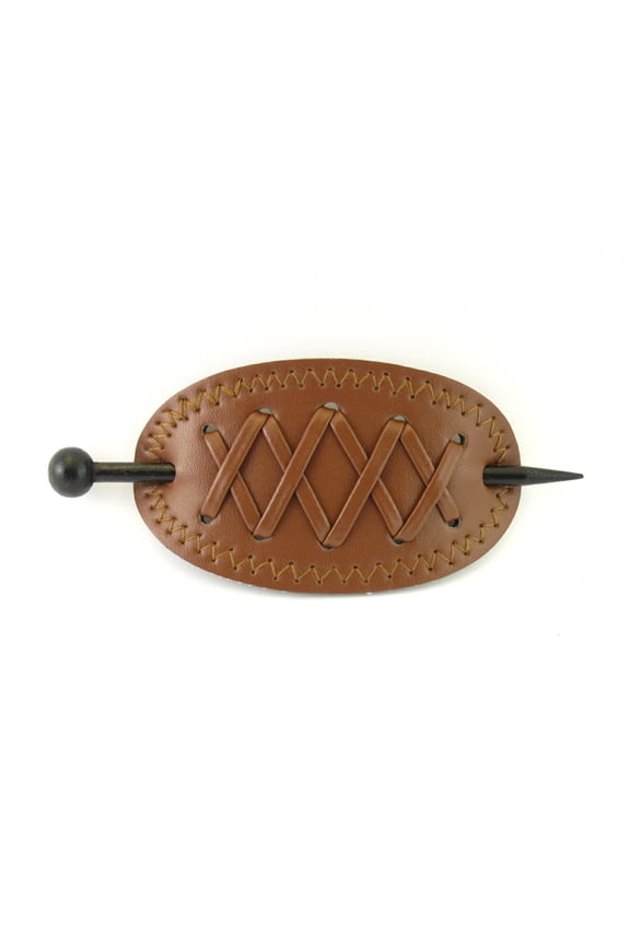 Oval Leather With X Stitched Pattern with Wood Hair Stick Barrette - Light Brown