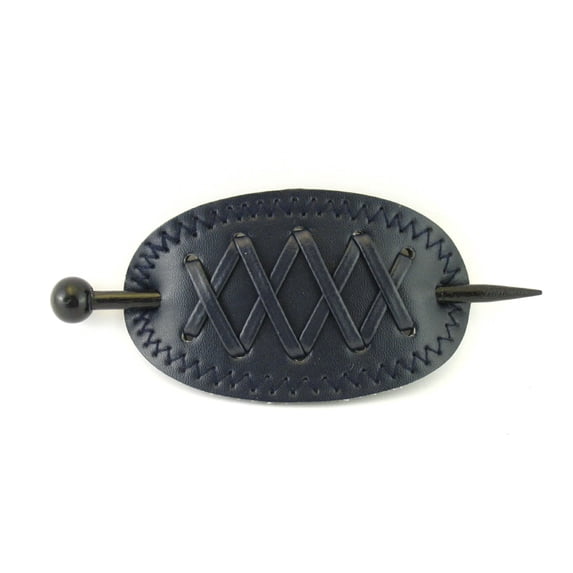 Pastel Oval Leather with X Stitched Pattern & Wood Hair Barrette Stick - Blue