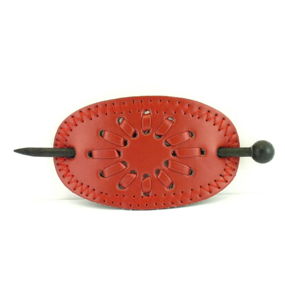 Pastel Oval Star Print Faux Leather with Wood Slide Stick Oval Hair Stick Barrette (Red)
