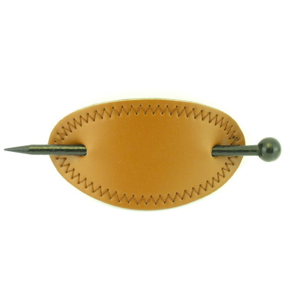 Pastel Oval Stitched Leather with Wooden Hair Stick Barrette (Light Brown)
