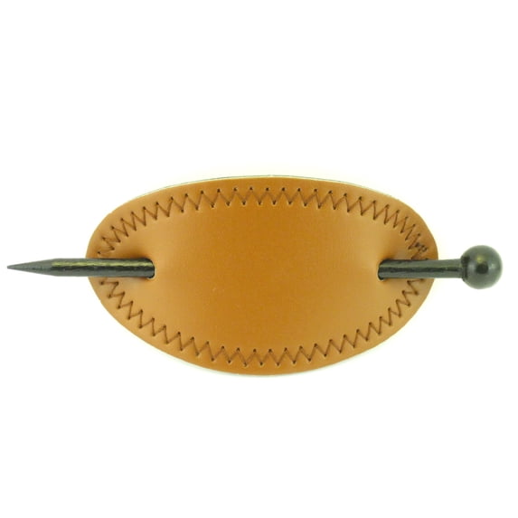 Pastel Oval Stitched Leather with Wooden Hair Stick Barrette (Light Brown)