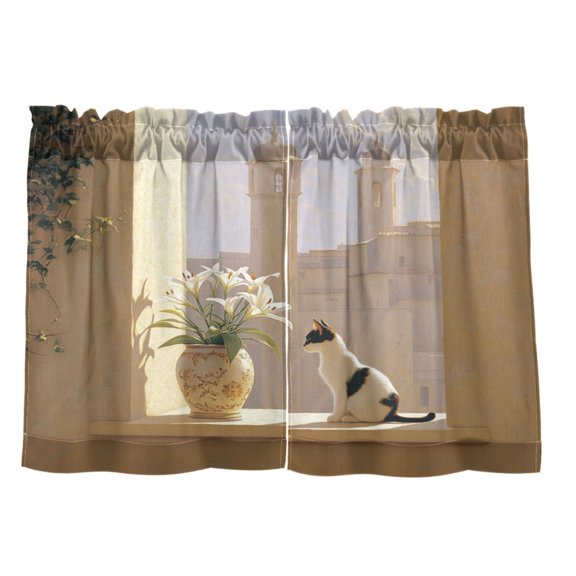 Pastel Painting Cat 27"x36" Linen Look Cafe Curtain Set with Privacy and UV Protection
