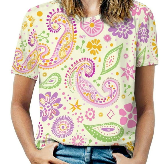Pastel Paisley Floral Pattern Design Background Womens Tops Women's Fashion Casual Short Sleeve Flower Print Round Neck Pullover Top Blouse