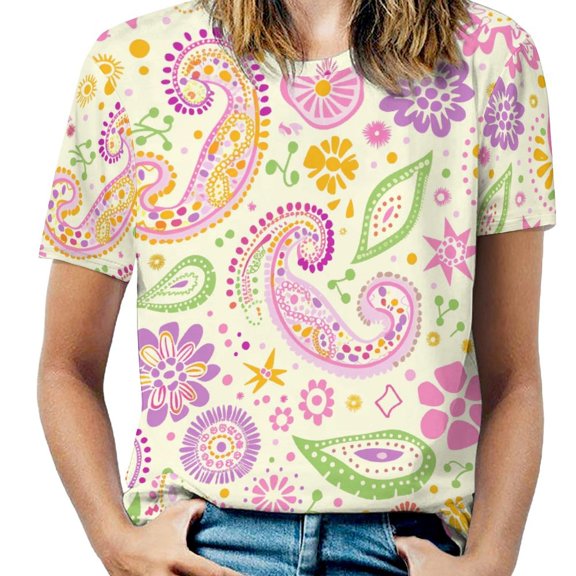 Pastel Paisley Floral Pattern Design Background Womens Tops Women's Fashion Casual Short Sleeve Flower Print Round Neck Pullover Top Blouse