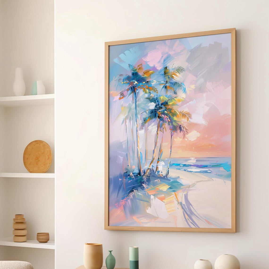 Pastel Palm Tree Sunset Wall Art Print, Girly Abstract Coastal, Coastal ...