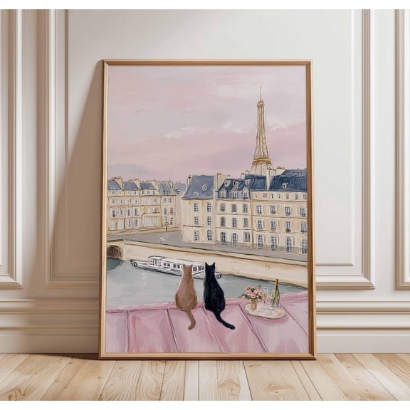 Pastel Paris Cat Art Print, Eiffel Tower, Romantic Parisian Wall Art, French Apartment Decor, Cat Lovers Gift, Cute Pink Aesthetic Poster 16x24 UNFRAMED