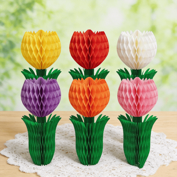 Pastel Party Centerpieces Paper Flower Table Decor – Birthday Desk Decorations Paper Flowers for Hanging & Tabletop, Tulip Honeycomb for Easter Mothers Day Birthday