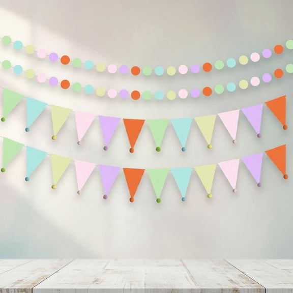 Pastel Party Decorations Colorful Circle Dots Pennant Banner Triangle Bunting Flag for Spring Unicorn Birthday Bridal Shower Easter Party Decorations
