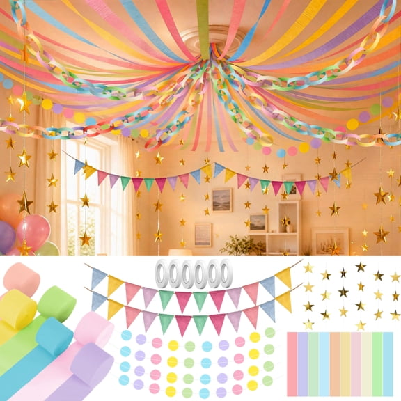 Pastel Party Decorations Kit 1000 Paper Chain Strips, 492 ft Crepe Streamers, Star, Round and Triangle Garlands for Birthday Wedding Party Decor