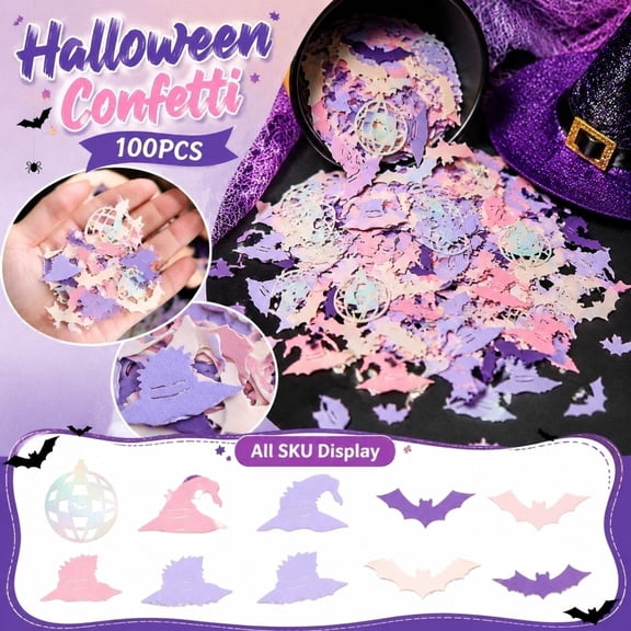Pastel Party Decorations, Pastel Rainbow Halloween Confetti with Witch Hats Bats and Mini Disco Shapes, for Pastel Spooky Birthday and Girly Disco Themed Events, Lightweight
