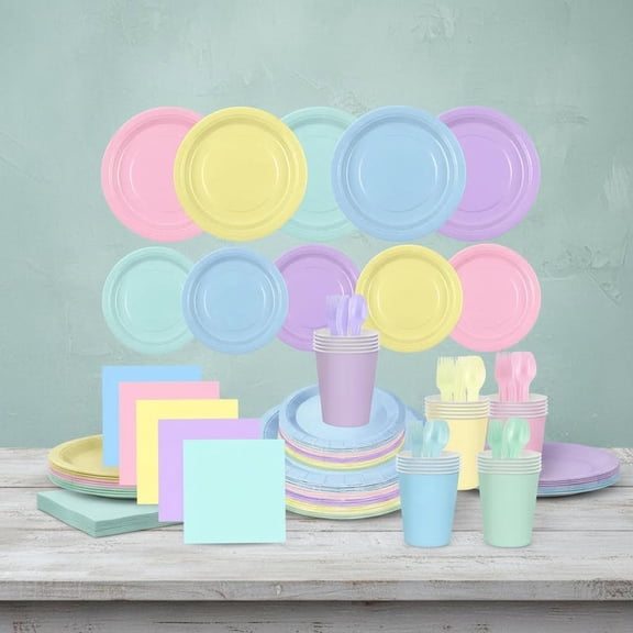 Pastel Party Supplies Disposable Dinnerware Set, Includes Paper Plates Cups Napkins Forks Knives Spoons for Spring Easter Wedding Birthday Party Decorations