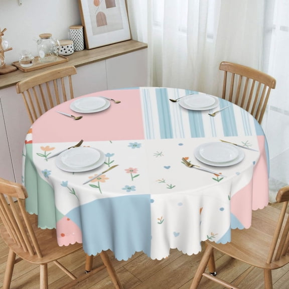 Pastel Patchwork Floral Stripe Grid Round Tablecloth Waterproof Oil Proof Spill Proof Table Cloth 70" for Camping, Dining, Indoor and Outdoor Table Cover