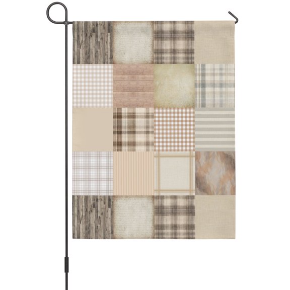 Pastel Patchwork Garden Flag 12 x 18 Inches, Rustic Beige White Gingham Stripe Wood Plank Weather Proof Outdoor Patio Flags Double Sided Small Garden Decoration for Yard Outside Home