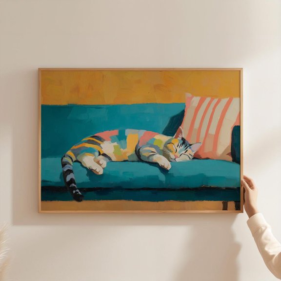 Pastel Patchwork Tabby Cat Print Relaxed Cat Artwork Modern Colorful Animal, Unframed Paper Print