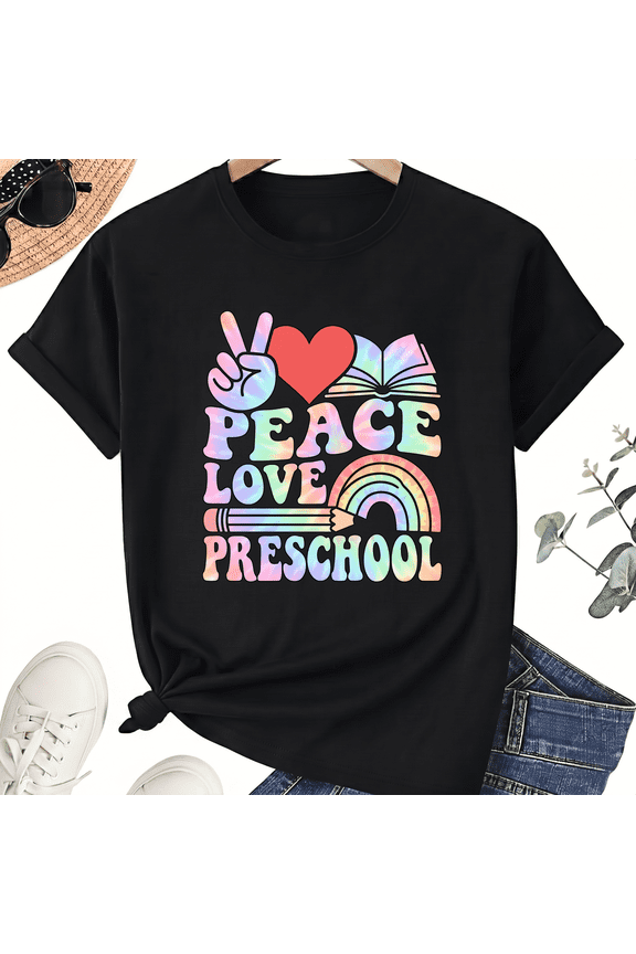 Pastel Peace Love Preschool Teacher T-Shirt for Women, 100% Cotton Crew Neck Short Sleeve Shirt, Book Rainbow Graphic
