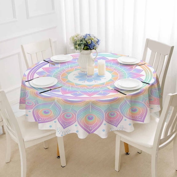 Pastel Peacock Feather Round Tablecloth 60" x 60", Polyester Dining Table Cover, Decorative Table Cloth for Dining Room, Tea Table, Picnic, Party, and Kitchen Decor