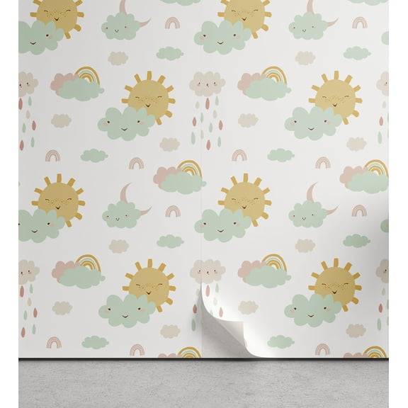 Pastel Peel & Stick Wallpaper, Repeating Soft Colors Pattern of Smiling Sun and Rain Clouds Cartoon, Self-Adhesive Living Room Kitchen Accent, 3 Sizes, Mint Green Rose Mustard, by Ambesonne