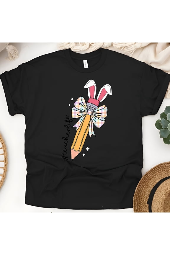 Pastel Pencil Teacher Tee with Bunny Ears and Bow | Unisex School Shirt, Black, Size XL