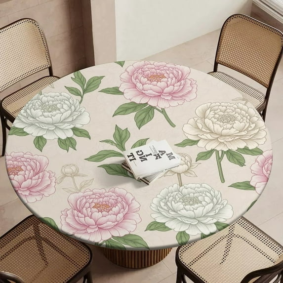 Pastel Peony Floral Pattern Round Table Cover Kitchen Printed Waterproof Tablecloth Elastic Edged Tablecloth Fits Party Wedding Indoor Outdoor Tables