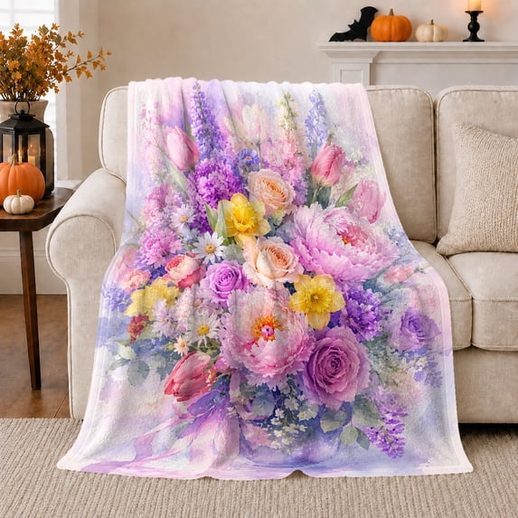 Pastel Peony Rose and Daisy Watercolor Bouquet, Soft Botanical Floral Art for Flower Lovers, Birthday Gift, Cozy Flannel Blanket for Bedroom and Lounge, Floral Home Decor