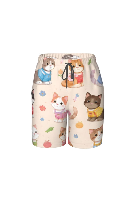 Pastel Pet Playful Cat Beach Pants Teen Shorts with Mesh Lining and Drawstring