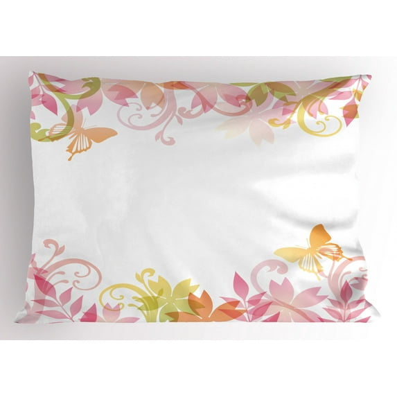 Pastel Pillow Sham Floral Spring Wreath Soft Toned Flower Butterflies Leaves Pattern, Decorative Standard Queen Size Printed Pillowcase, 30 X 20 Inches, Pale Pink and Green Ginger, by Ambesonne