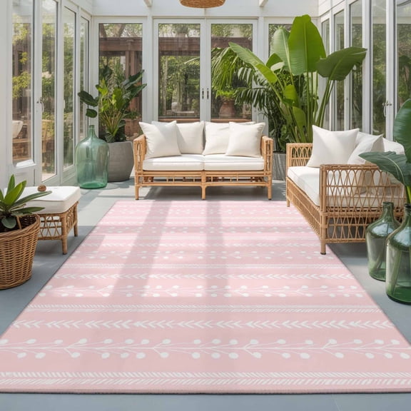 Pastel Pink 6'x9' Large Area Rugs Rustic Vertical Dashed Lines Shabby Chic Leaf Cottagecore Washable Area Rugs Non-Slip Indoor Floor Mats Large Carpet for Living Room Bedroom Dining Room