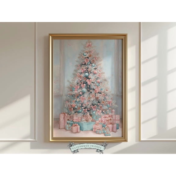 Pastel Pink And Blue Christmas Tree Wall Art Print, Festive, Preppy Holiday Hosting, Seasonal Living Room And Home Decor