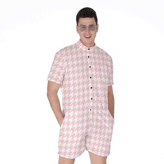 Pastel Pink And White Houndstooth Short Sleeve Men'S Rompers Casual Summer Jumpsuits Outfit