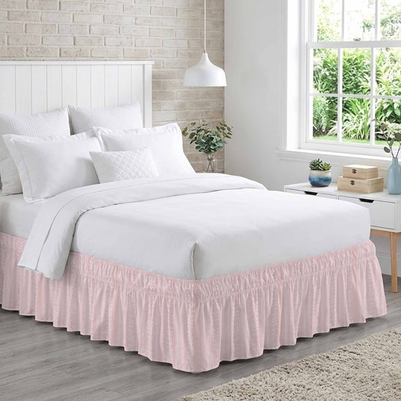 Pastel Pink Bed Skirt Queen Size 18 Inch Drop, Rustic Vertical Dashed Lines Shabby Chic Leaf Cottagecore Adjustable Elastic Dust Ruffles Bedskirt for Queen Bed Wrap Around Pleated Mattress Cover