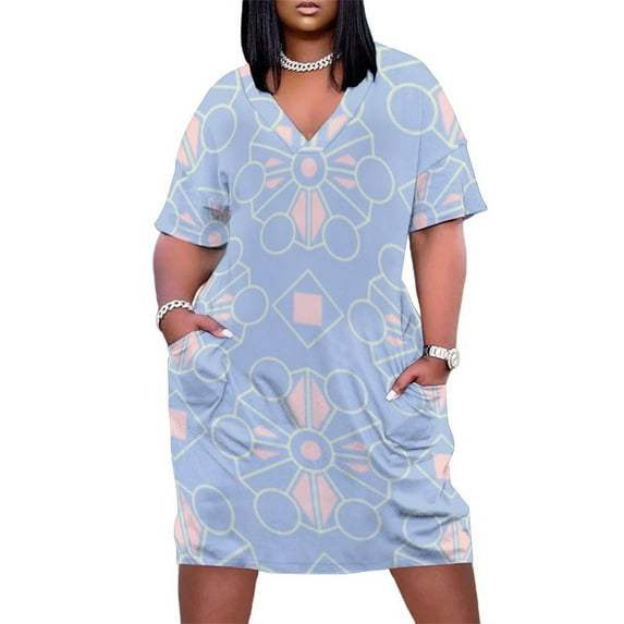 Pastel Pink Blue Geometric Pattern Summer Sundress for Curve Women Casual Pattern Plus Size V Neck Short Sleeve Loose Fit Oversize Dresses