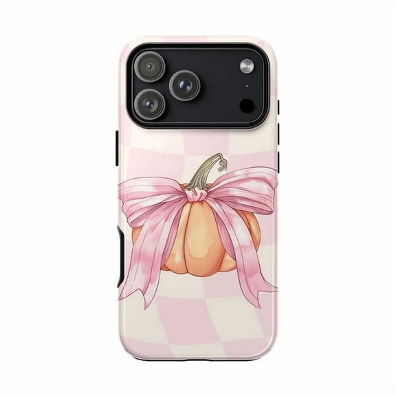 Pastel Pink Bow Pumpkin iPhone Case, Cute Fall Season Checkerboard Art for iPhone 17 16 15 14 13 12 11 Pro Plus Mini