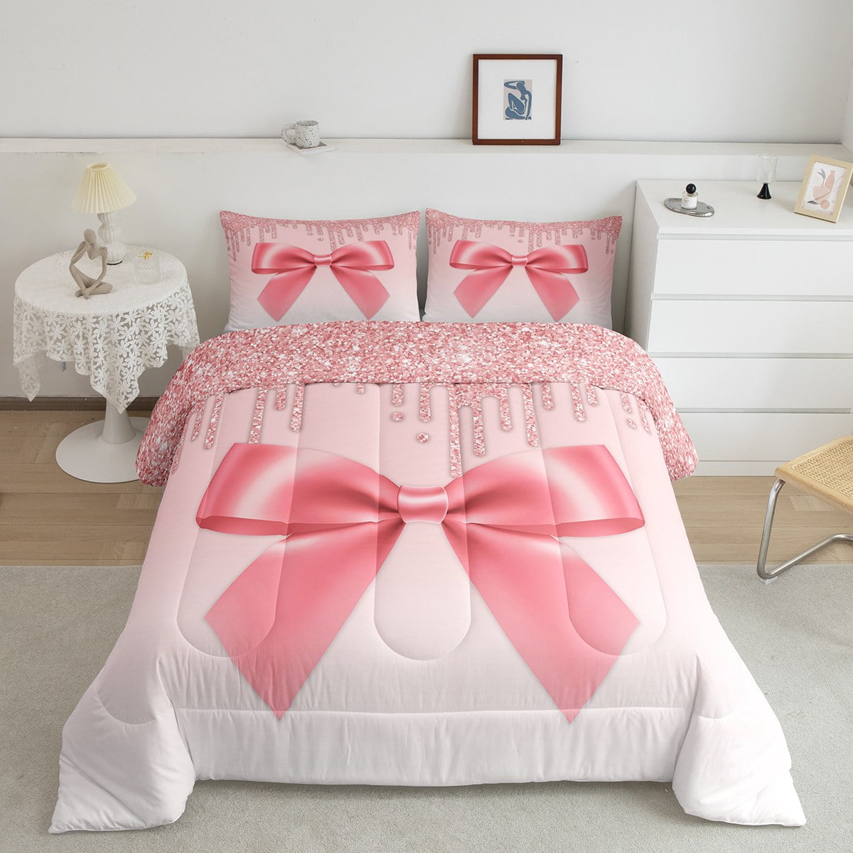 Pastel Pink Bowknot Comforter Set Abstract Sequin Fluid King Bedding