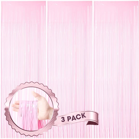 Pastel Pink Foil Fringe Backdrop Curtains, 3.3x8.2ft, 3 Pack