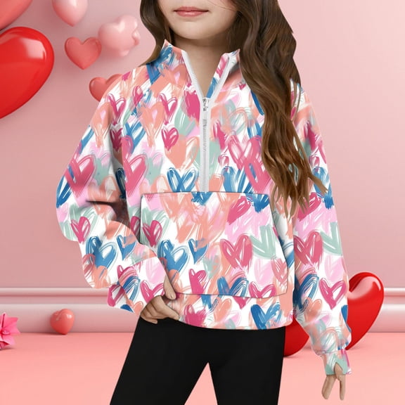 Pastel Pink Heart Print Girls Half Zip Jacket, Lightweight Fleece Pullover with Pocket for Big Kids 6-12, Casual Comfortable Top,Size 9 T